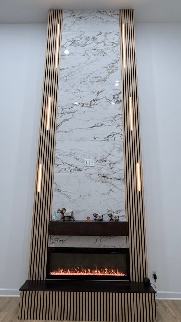 Fireplace with tiles and panels